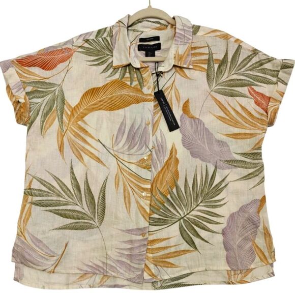NWT Tahari 100% Linen Multicolor Tropical Leaf Print Button Down Shirt Sz L - Picture 1 of 7